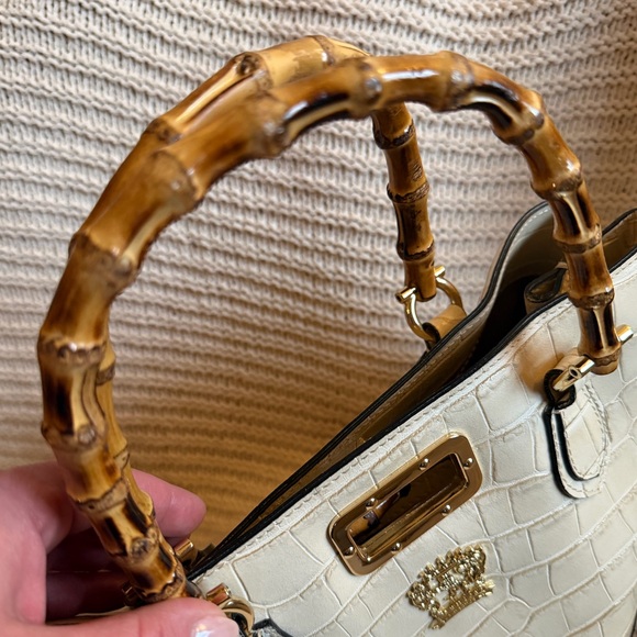 Elegant Pratesi Firenze Sarteano Bamboo Handle Cream Croc Embossed Leather - Picture 13 of 16